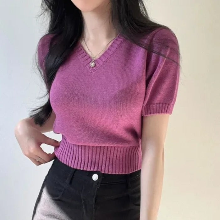 Simple V-neck Solid Color Short-sleeved Sweater Casual Short Top
