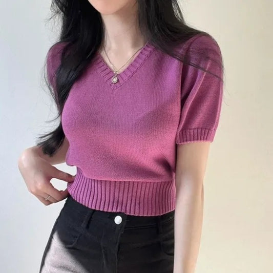 Simple V-neck Solid Color Short-sleeved Sweater Casual Short Top