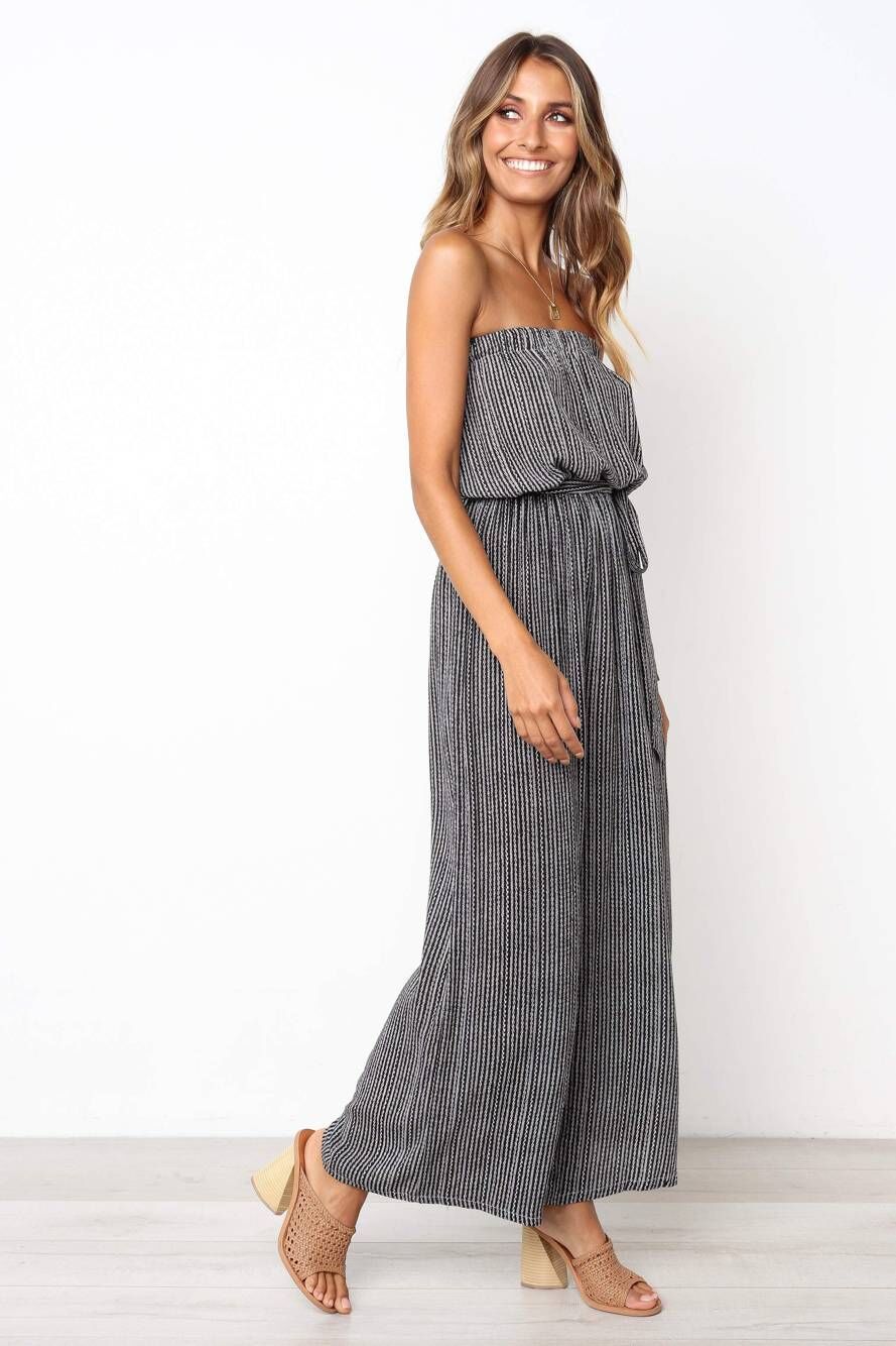 Womens Strapless Striped Printed Lace-Up Wide-Leg Jumpsuit