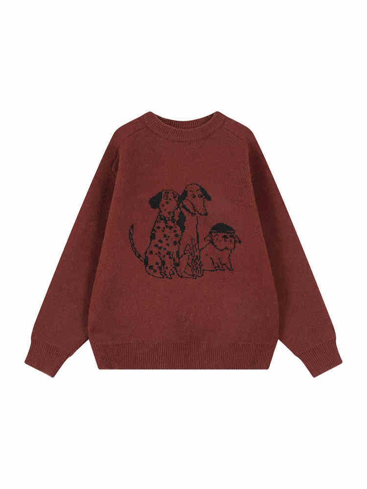 Cartoon Printed Round Neck Long Sleeve Knitted Sweater For Women