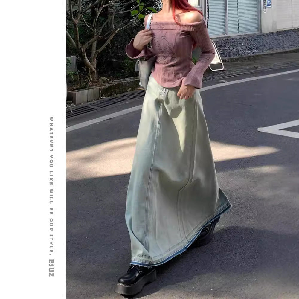 Light Color Retro Washed Denim Skirt For Women