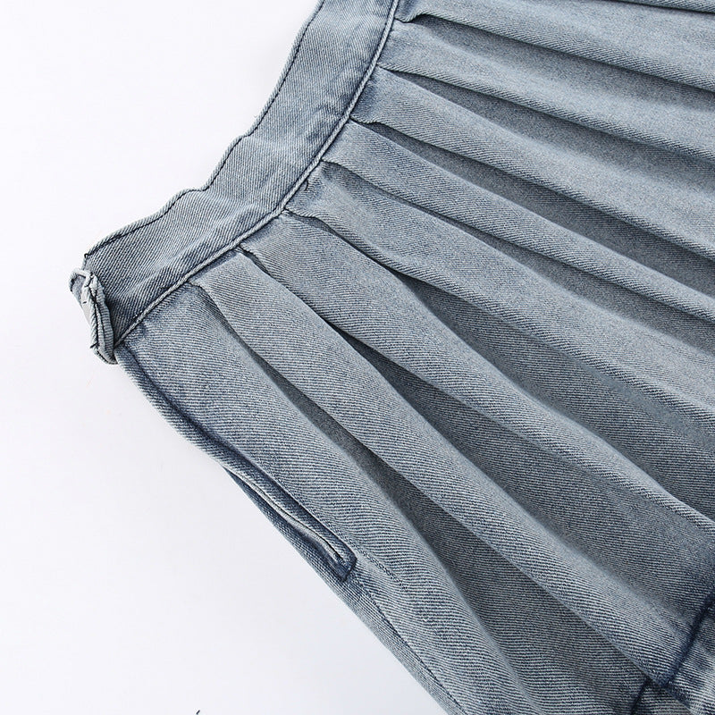 Casual High Waist Pleated Denim Skirt For Women