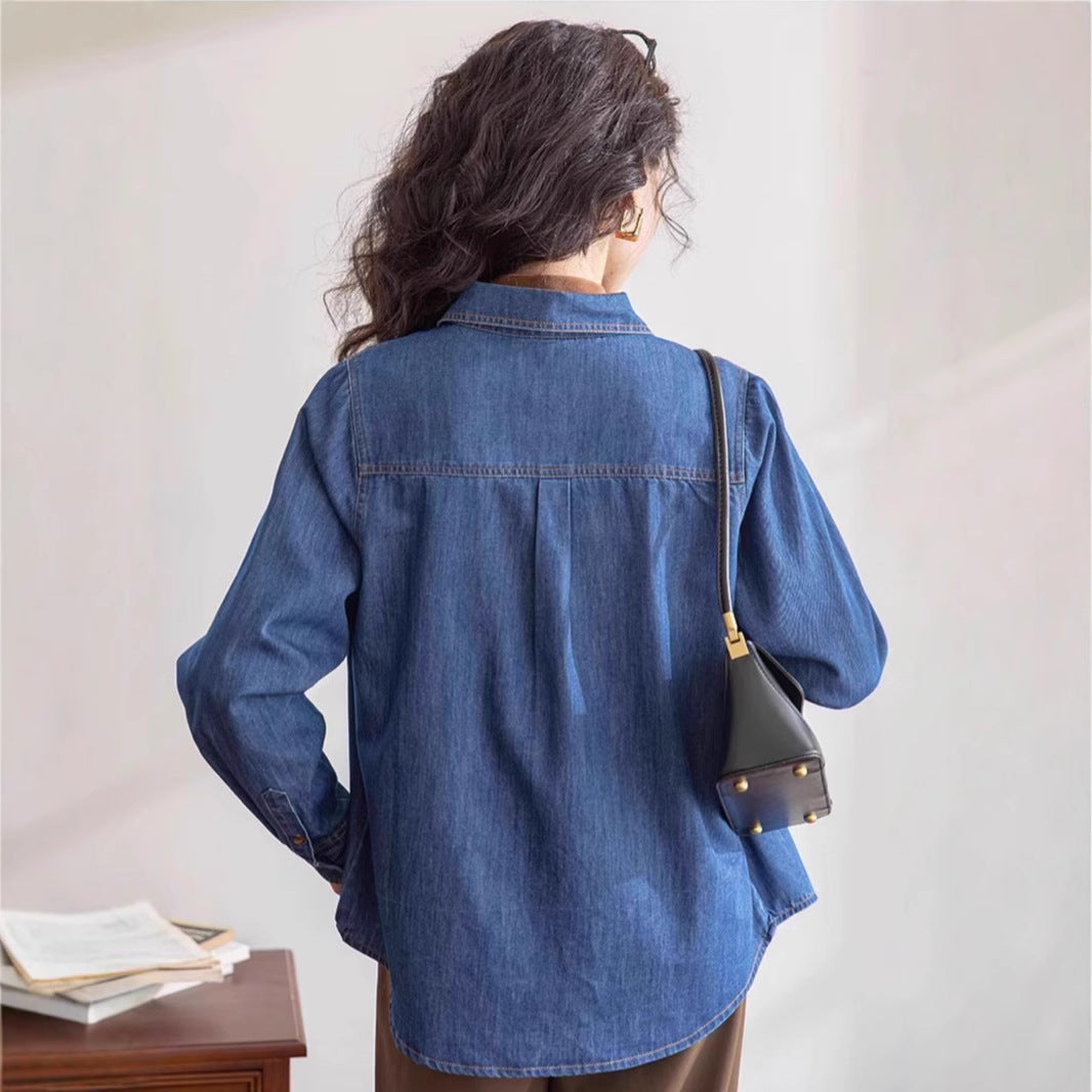 Vintage Straight-shoulder Denim Shirt With Long Sleeves For Layering