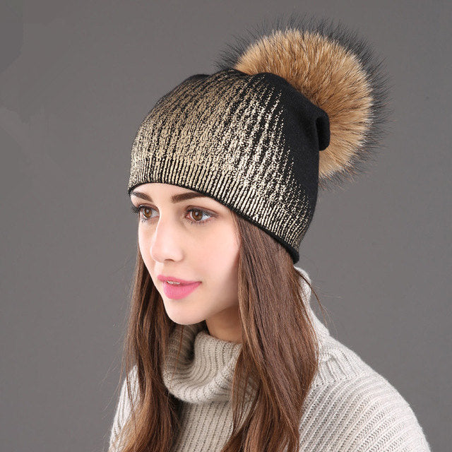 Warm Wool Knitted Hat Women's Hot Gold And Silver Color Women
