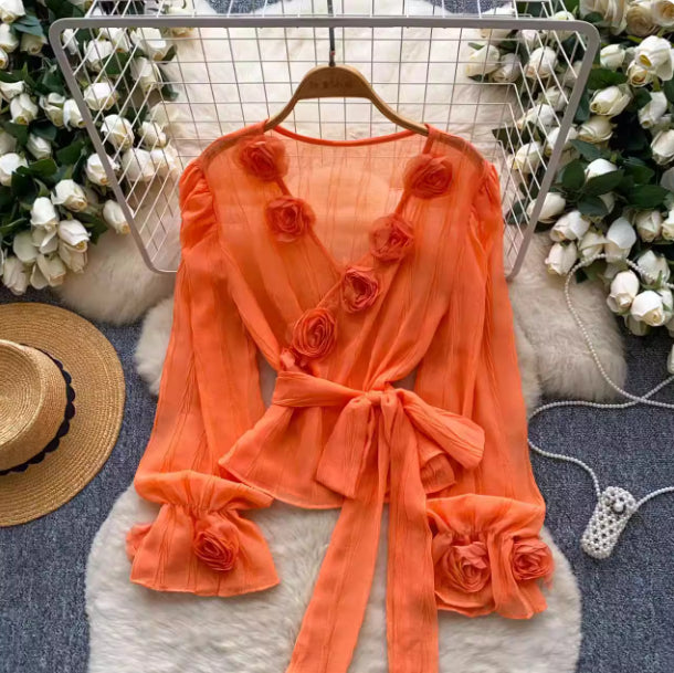 French-style Soft-aura Blouse With Flared Sleeves And 3D Floral Detailinglightweight And Delicate