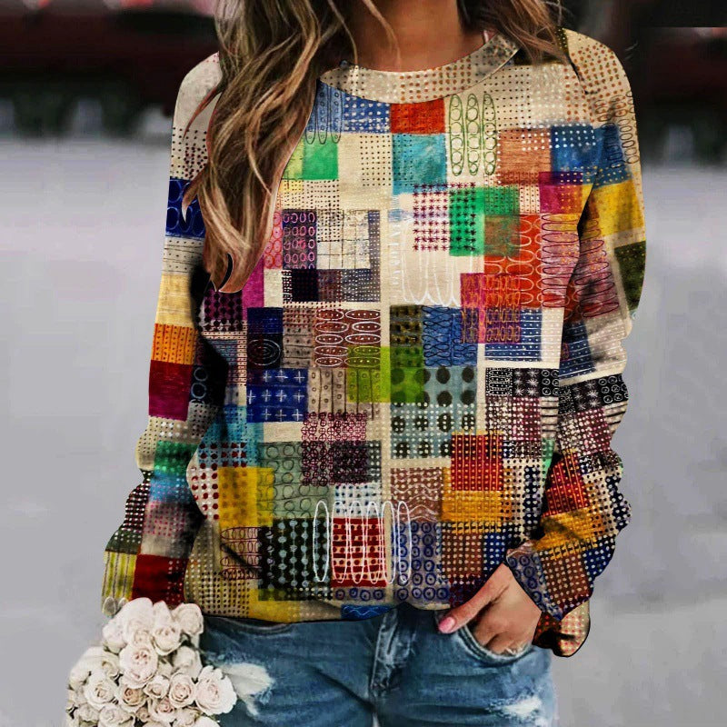 Printed Patchwork Round Neck Raglan Long Sleeve Women's Sweater