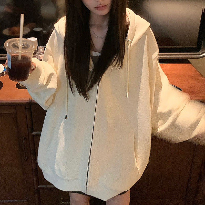 Solid Color Zipper Sweater Coat Women's Autumn Korean Style Hooded