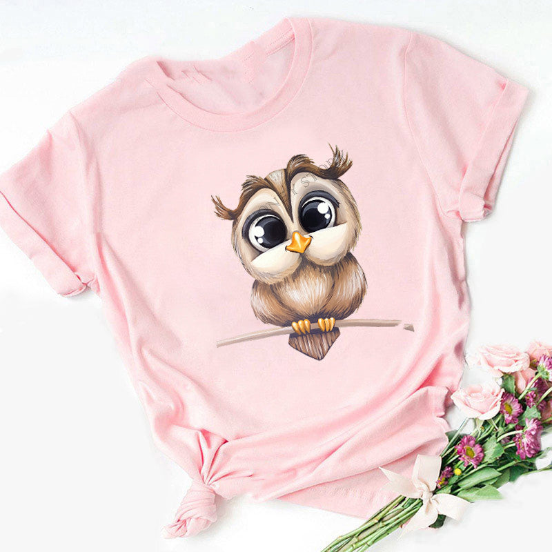 Owl Cute Cartoon Print Short Sleeve