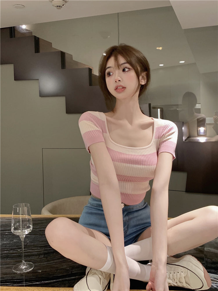 Women's Summer Ice Silk Striped Short Sleeve Knitted Sweater