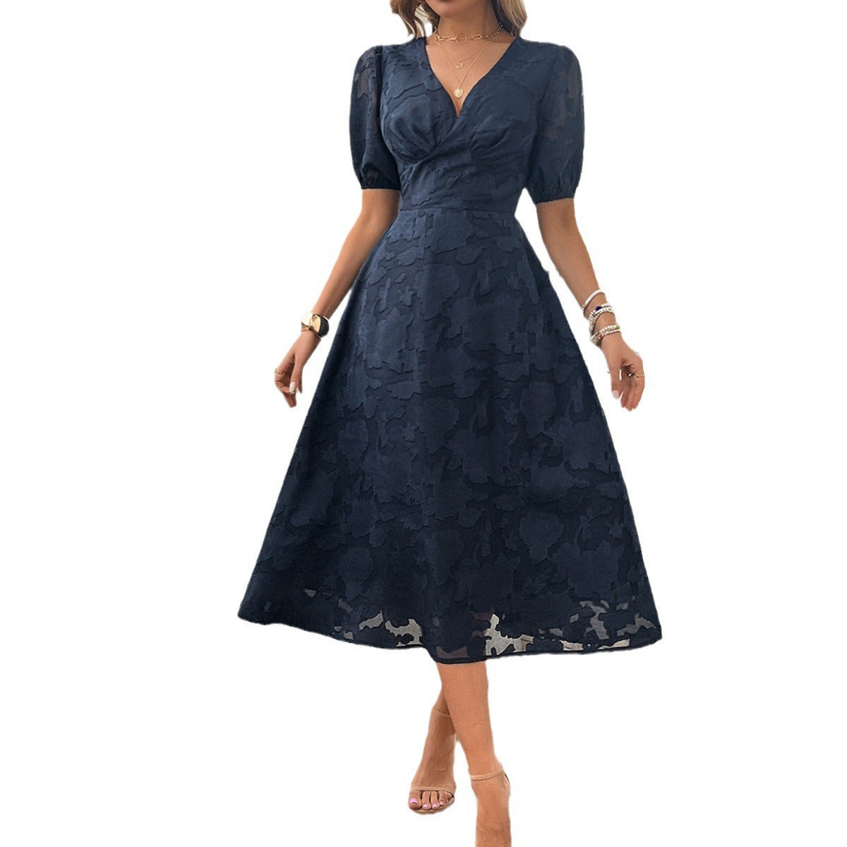 V-hals Højtaljet Vintage Elegant Kjole