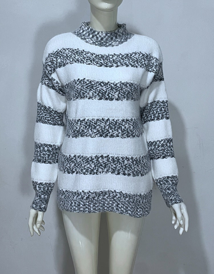 Embroidered Jacquard Pullover Loose Bottoming Shirt Mock Neck Sweater Coat