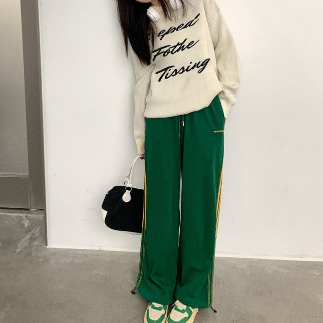 Green Mopping Wide Leg Stripes With A Loose And Drooping Feel