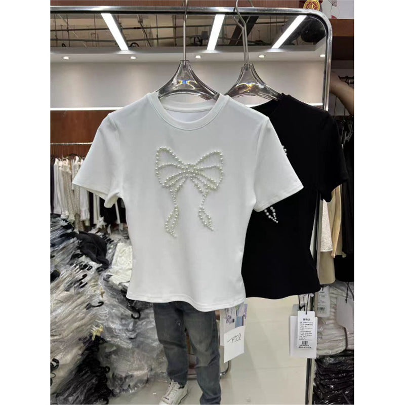 New Beaded Pearl Bow Short-sleeve Top