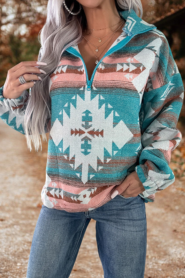 Autumn And Winter New Women's Retro Pattern Leisure Pullover Zipper Sweater