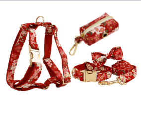 Japanese Floral Dog Collar Alloy Buckle Hand Holding Rope Pet Collar