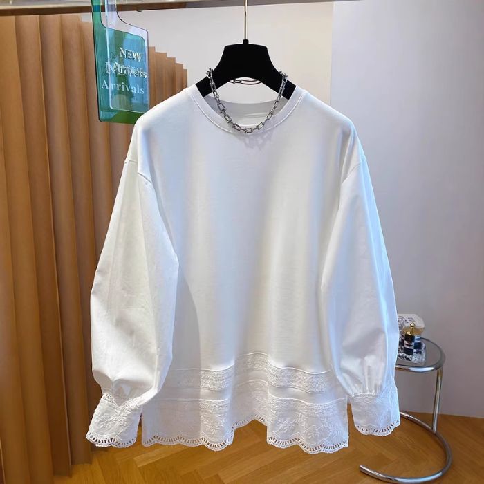 White Lace Patchwork Puff Sleeve Long Sleeve Women's Spring
