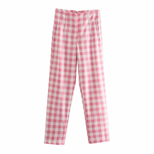 Blogger's Hot Summer New Style Plaid High-waisted Feet Pants Girly Casual Pants Women