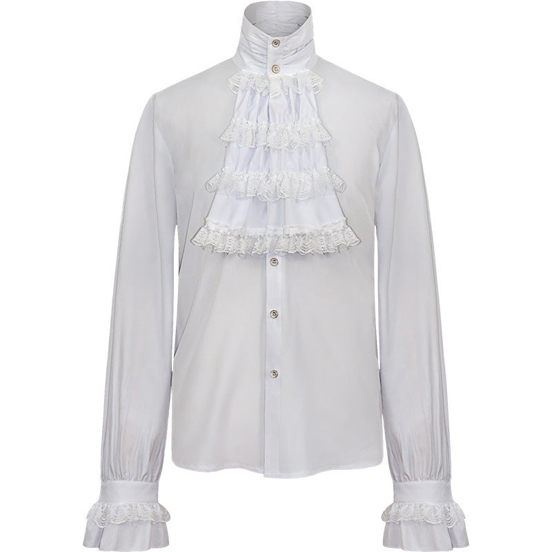 Mens Gothic Ruffle-Trimmed Stand-Up Collar Long-Sleeve Tie Shirt