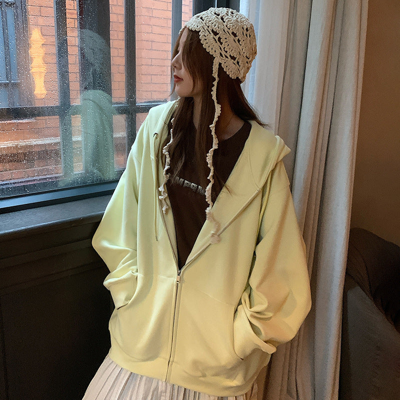 Solid Color Zipper Sweater Coat Women's Autumn Korean Style Hooded