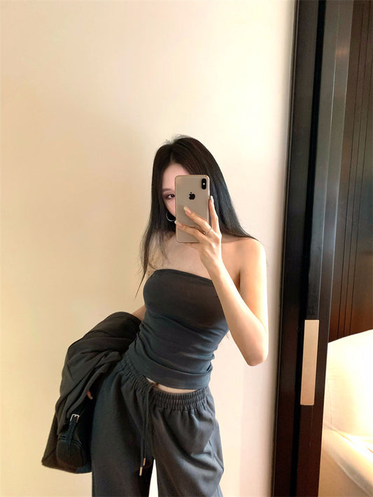Hooded Sweatshirt Jacket Zip-up Cardigan Top And Tube-top Set