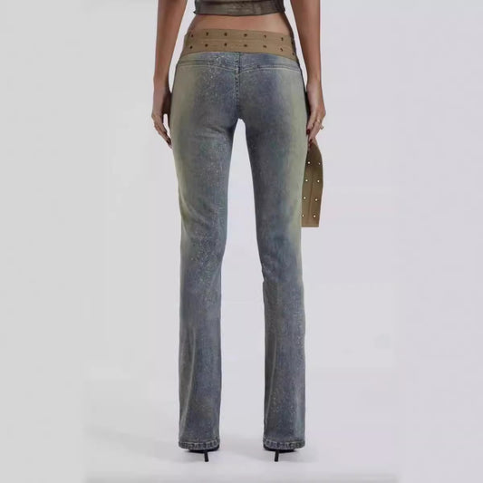 Canvas Thick Belt Decorative Low Waist Leg Trimming Denim Trousers For Women