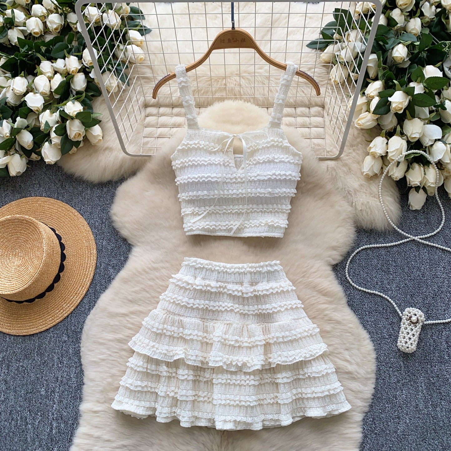 Square-neck Slip Dress With A High Waist Pleated Ruffled Hem