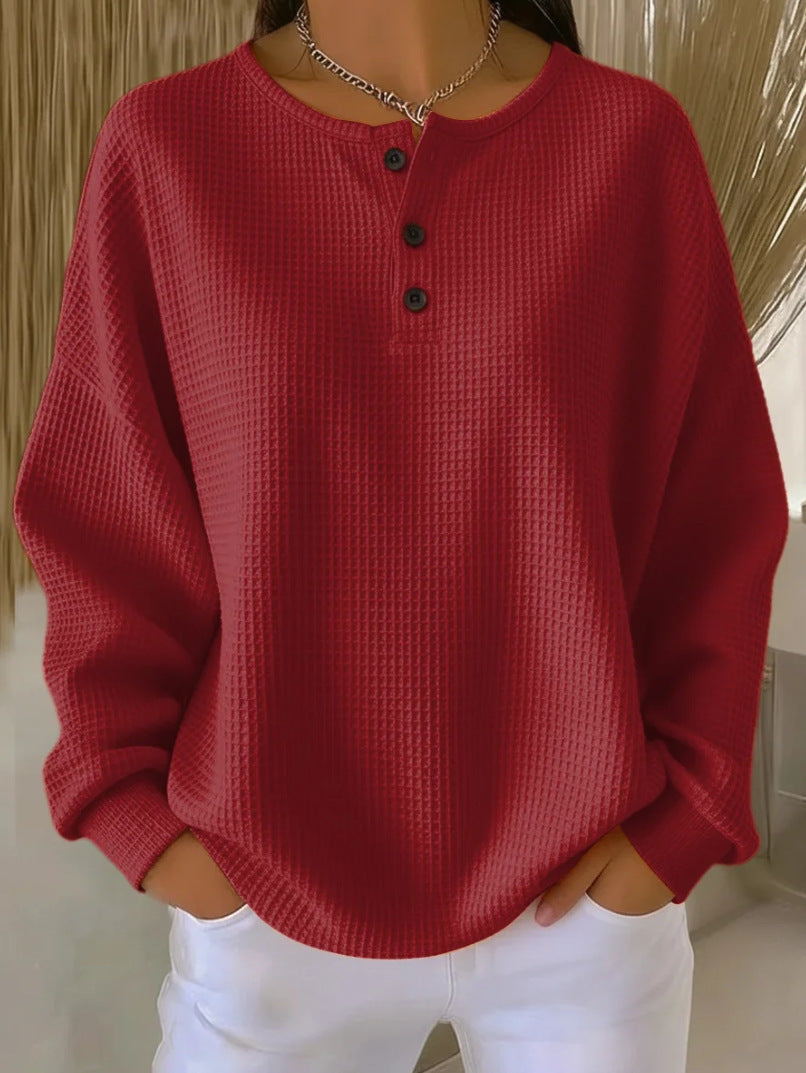 Round Neck Waffle Solid Color Pullover Loose Top