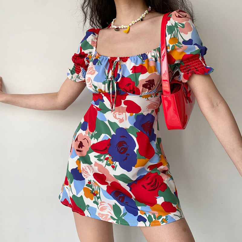 Women's French Retro Square Neck Tie Up High Waisted Skirt