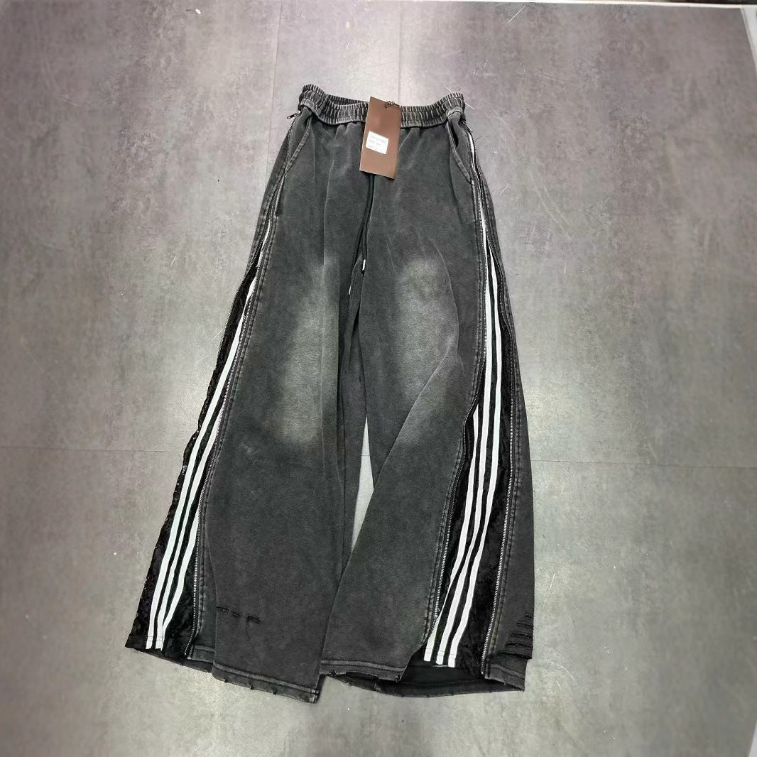 Design Sense Side Zipper Two-way Three Bars Mop Wide Leg Pants