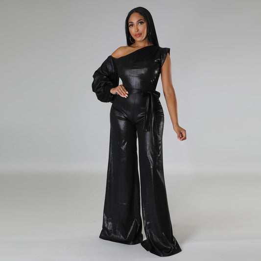 Autumn And Winter New Wide-leg Pants Sexy Solid Color Evening Dress Jumpsuit