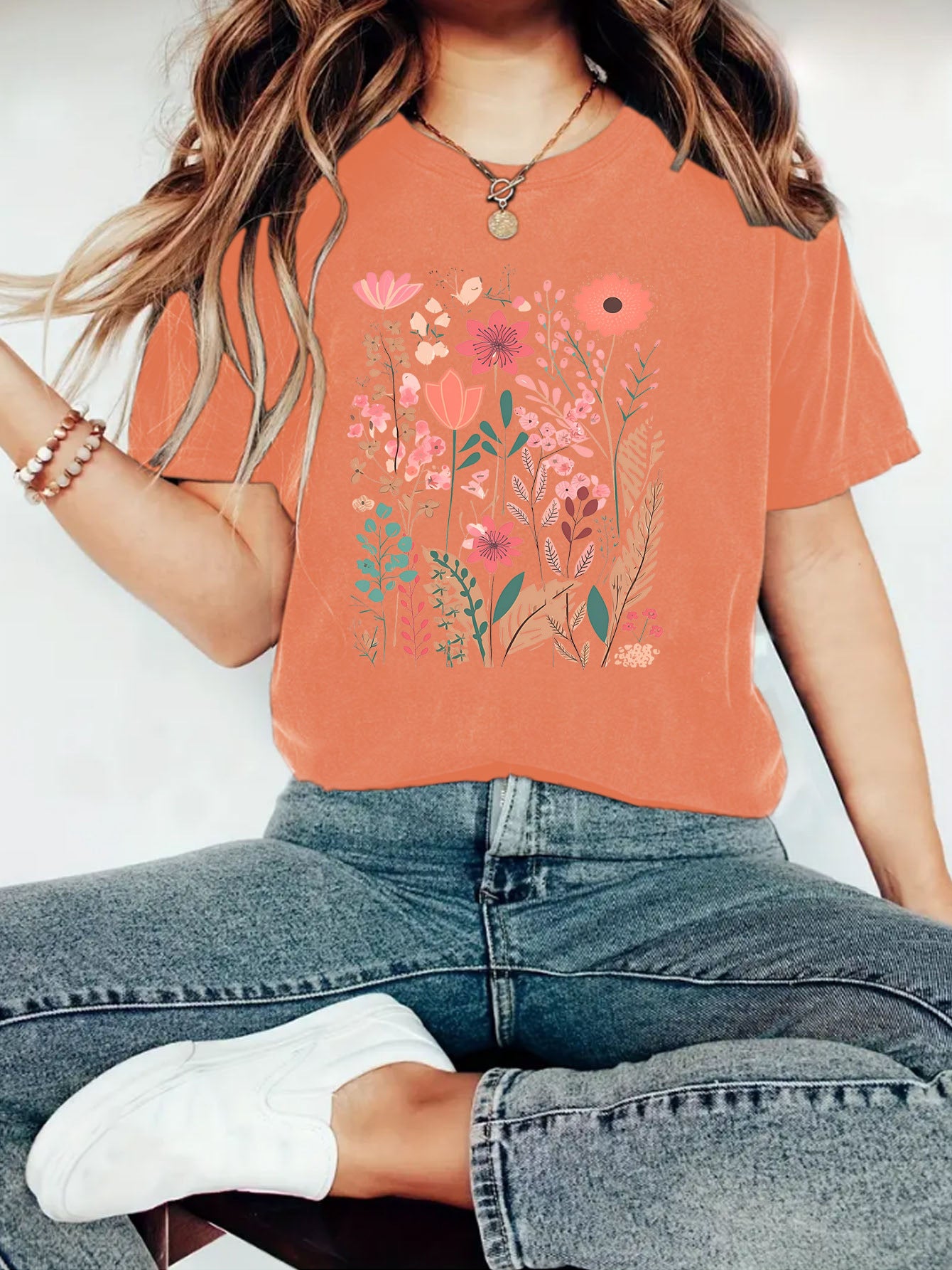 European And American Summer Women's Plant Flower Graphic Print Crew Neck Short Sleeve