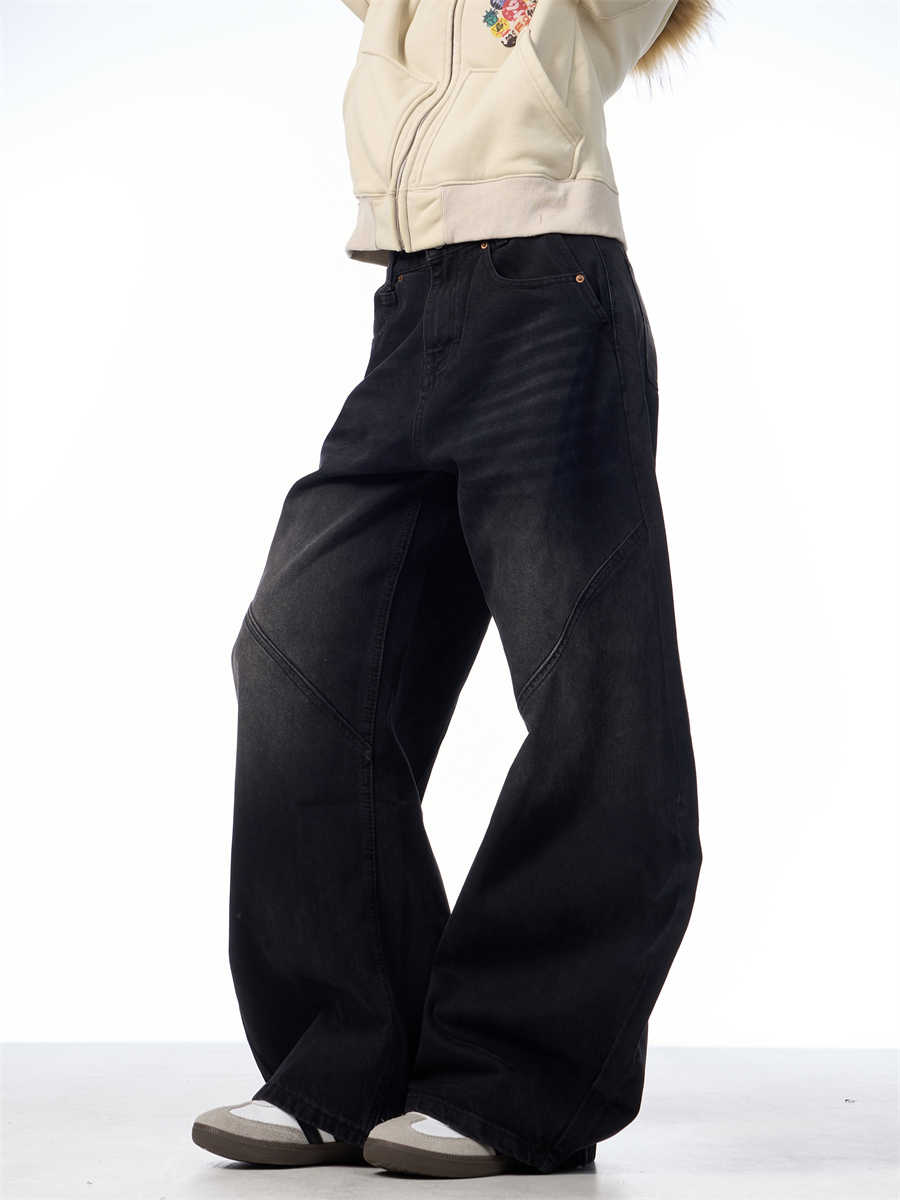 Retro Sorte Jeans til Kvinder, Løse Bukser med Lige Vide Ben