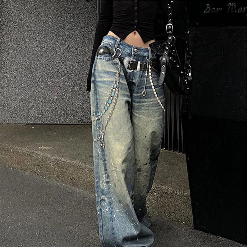 Splashed Ink-stained Jeans Female Chain Pendant Print Floor-dragging Pants