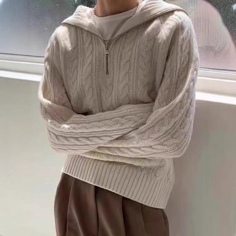 Elegant Lapel Twist Design Loose Casual Sweater Women