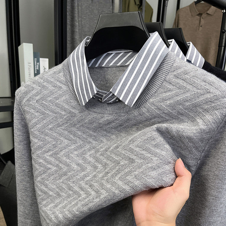 Mens Long-sleeve Casual Mock Two-piece Sweater