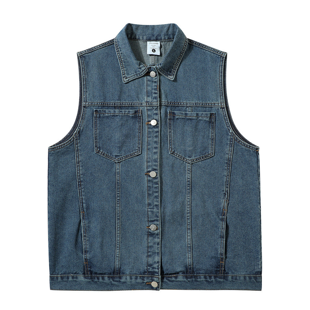 Denim Vest Man Loose All-match Casual Waistcoat Pocket Deconstruction Stitching Topstitching Waistcoat