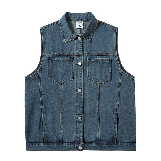Denim Vest Man Loose All-match Casual Waistcoat Pocket Deconstruction Stitching Topstitching Waistcoat