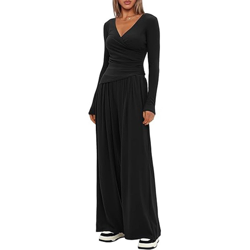 Women's V Neck Long-sleeve Sportswear Top And Wide-leg Pants Set Casual Comfortable Outfit Set For Daily Wear Gym Sports Outfit 2 Pieces