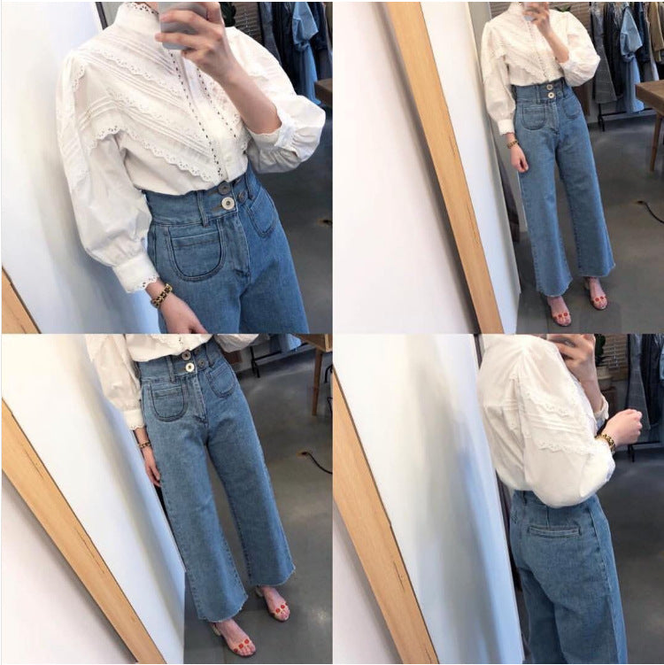 Retro High Waist Wash Double Breasted Pocket Loose Slimming And Wide Leg Denim Trousers For Women