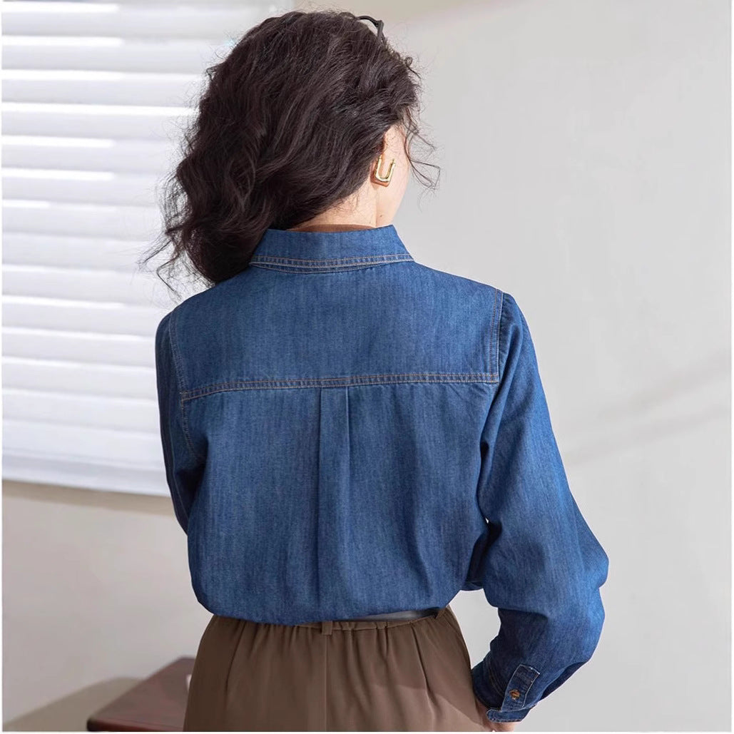 Vintage Straight-shoulder Denim Shirt With Long Sleeves For Layering
