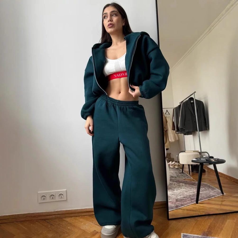 Womens Casual Set Long-sleeve Zip-up Cardigan Hoodie