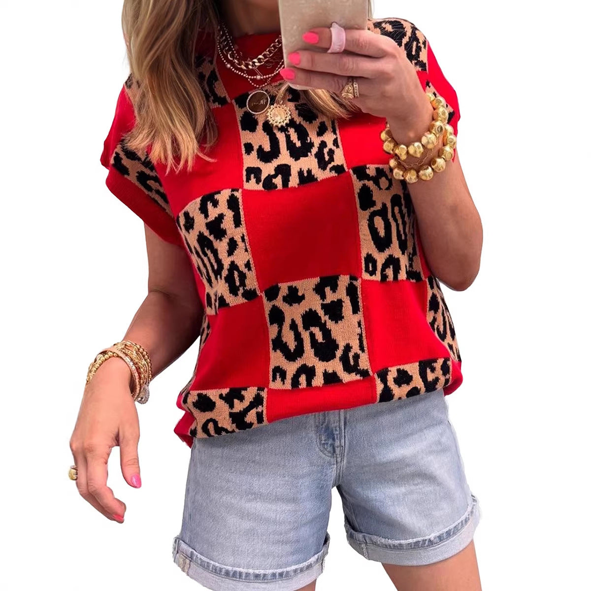 Pullover Knit Top A Bold, Avant-garde Leopard-print Colorblock Sweater