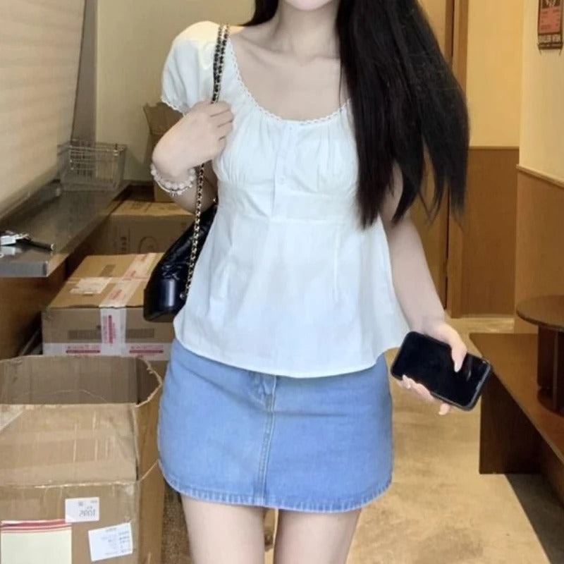 Puff Sleeve White Shirt Women's Short Sleeve Top