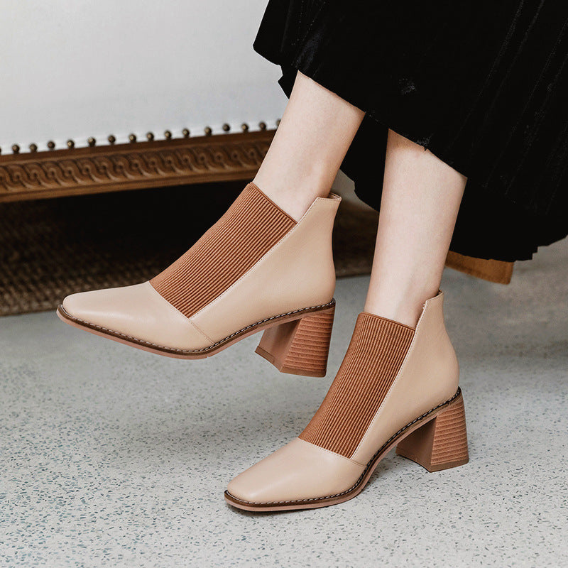 Chunky Heel Short Boots Simple Elastic Mid-heel