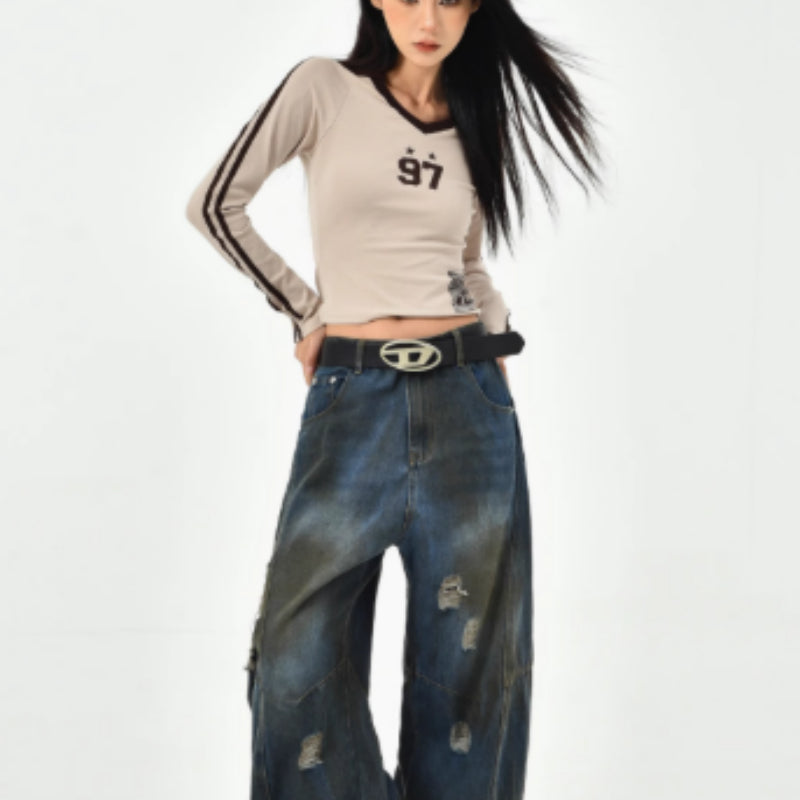 Amerikanske retro, slidte og ødelagte jeans til kvinder i premium-kvalitet