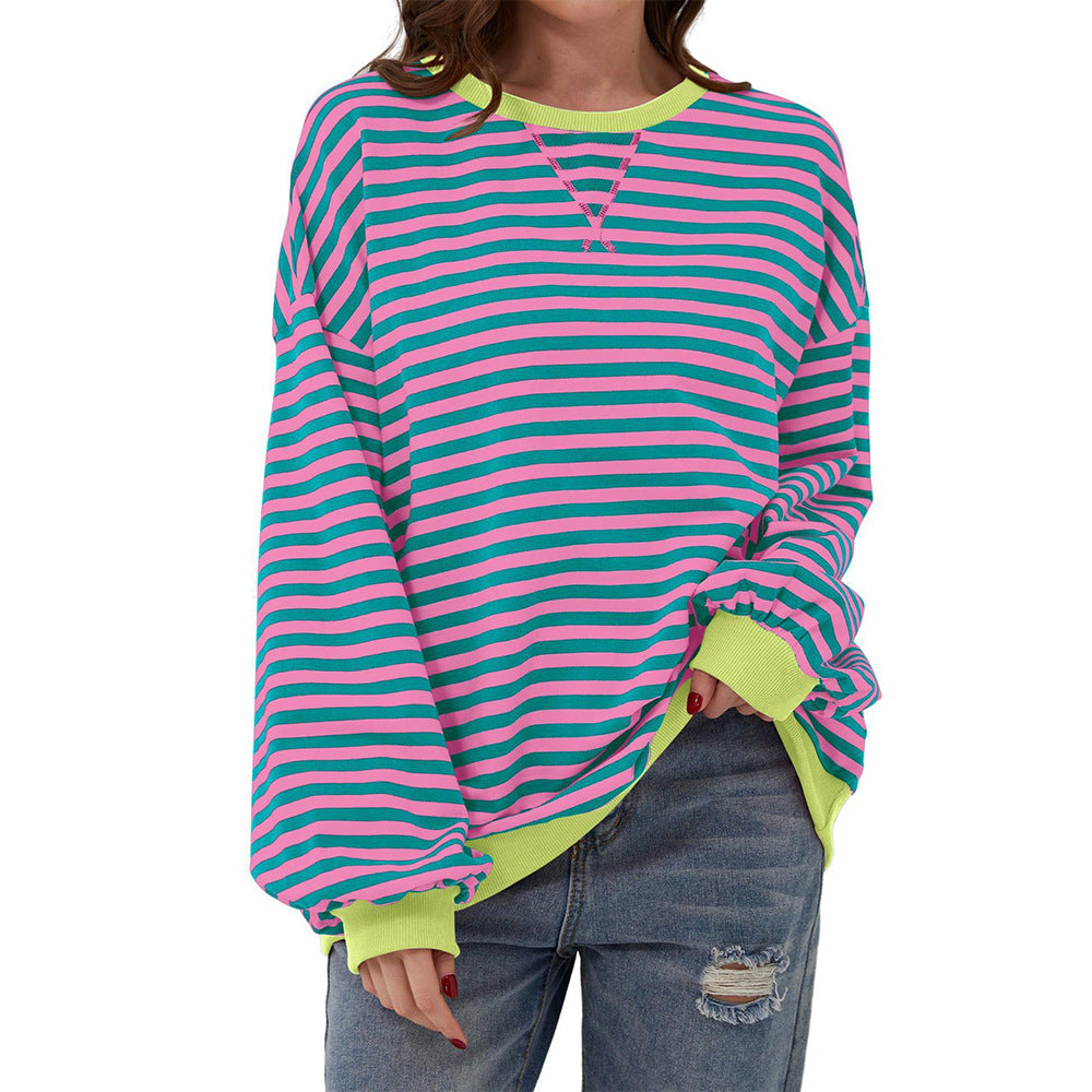 Women's Colorful Striped Round Neck Loose Sweatshirt