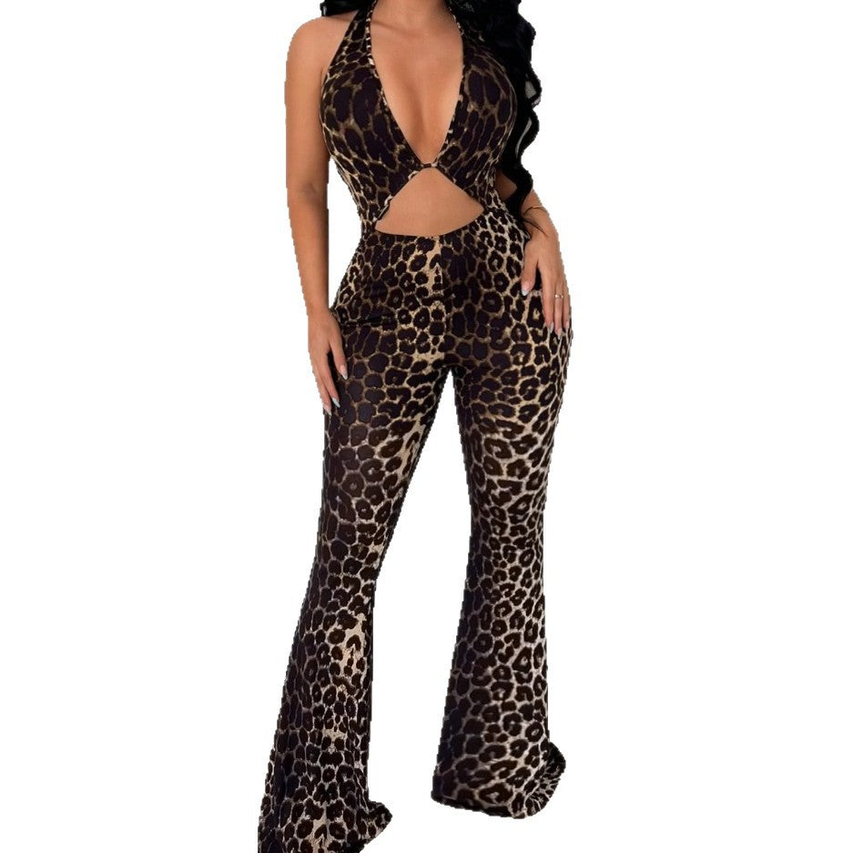 Leopard-print Flared Pants High-waisted Jumpsuit