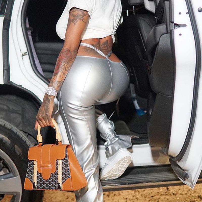 European And American High Waist Fashion Elastic Pants PU Silver Leather Pants Lace-up Ankle-tied Women's Trousers
