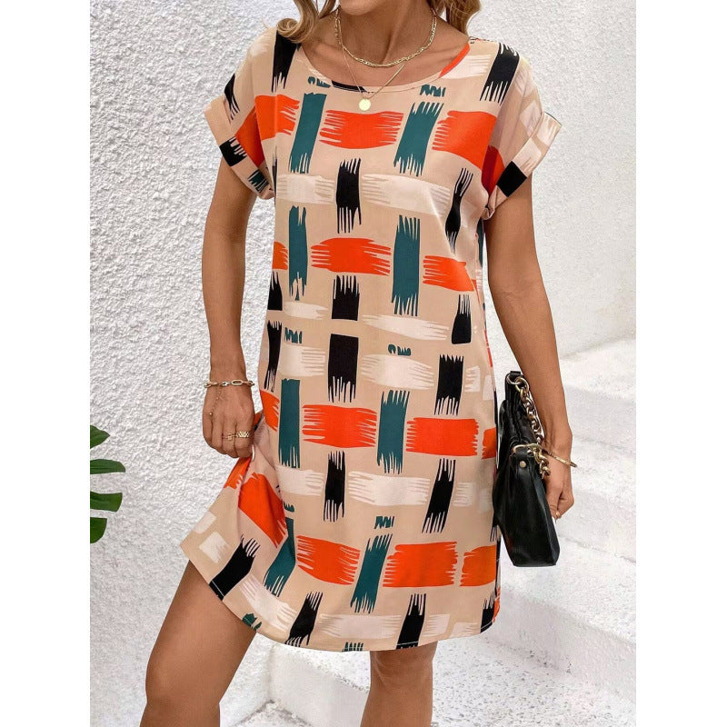 Loose-fitting Casual Crew-neck Printed Short-sleeve Dress