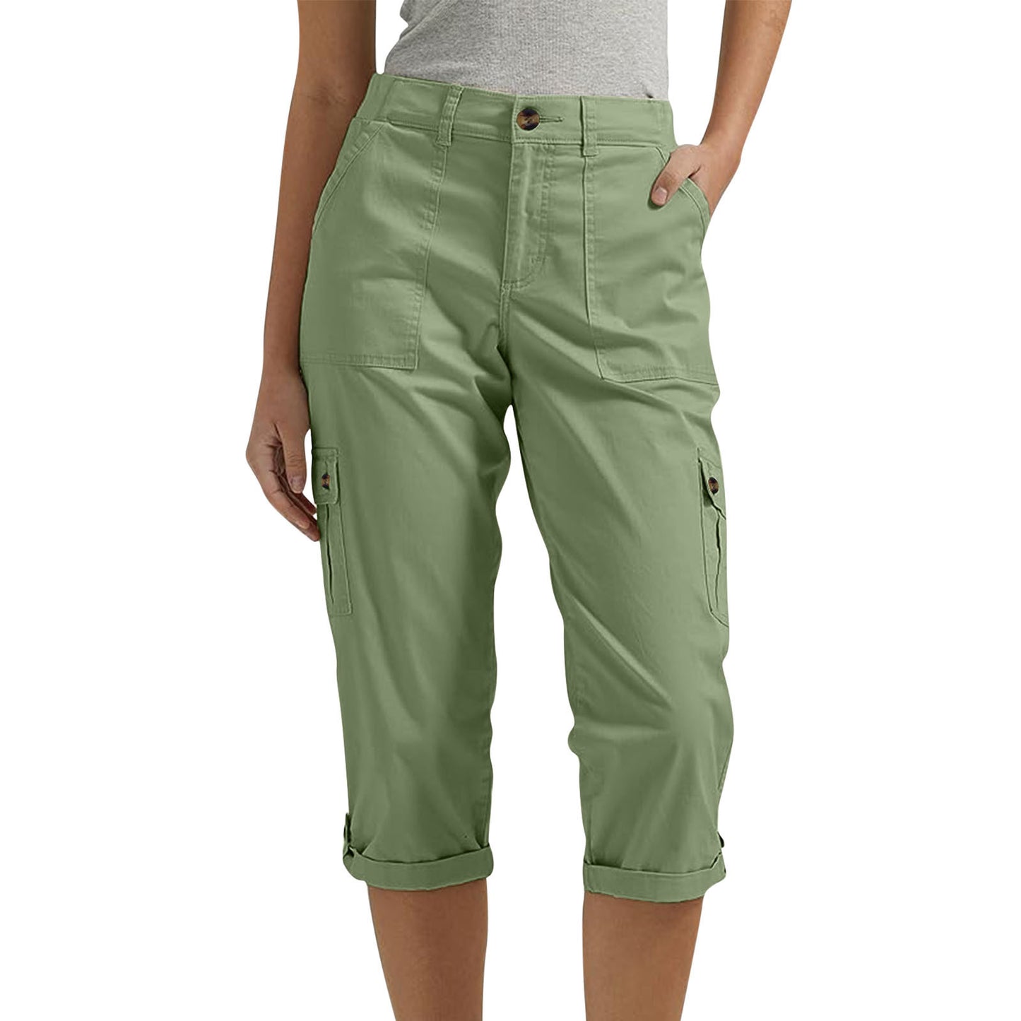 Solid-color Casual Cropped Pants With Multiple Pockets